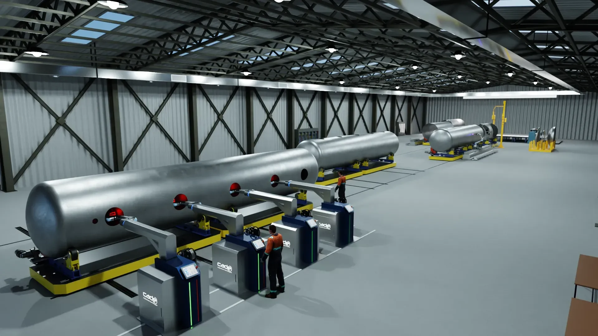 Línea automatizada para fabricación de cascos de cisterna con estaciones coordinadas